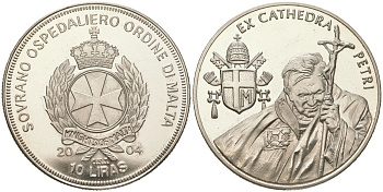 Мальтийский орден 10 лир 2004 Жизнь Папы, Иоанн Павел II - Герб Папы Иоанна Павла II, тираж 5.000 экземпляров медно-никель PROOF 1529-1231