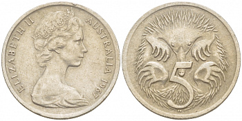 АВСТРАЛИЯ 5 ЦЕНТОВ 1967 ЕЛИЗАВЕТА II, МОЛОДОЙ ПОРТРЕТ, ЕХИДНА KM 64 медно-никель 4532-553