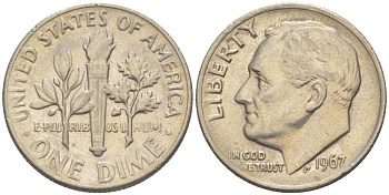 США 10 центов (дайм) 1967 Рузвельт KM 195а медь плакированная медно-никелем 211-1264