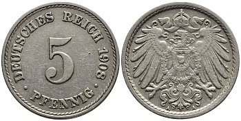 Германия 5 пфеннигов 1908 A KM 11, Jager 12, Weege 6 медно-никель 4547-463