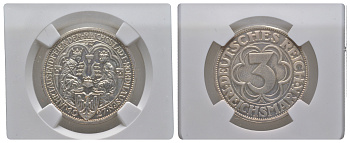 Германия 3 марки 1927 A, 1000 летие основания Нордхаузена, в слабе NGC PF 62 J. 327, KM 52 серебро  PROOF  15-011-15