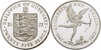 Гернси 25 пенсов 1972 25 лет свадьбы Елизаветы II и Филиппа, амур KM 26a серебро PROOF 04-174-44