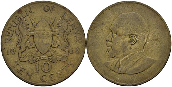 Кения 10 центов 1968 Джомо Кениата KM 2 никель латунь 4144-1212