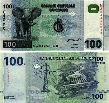 Конго 100 франков 2000 ГЭС, слон Pick 92 бумага UNC (пресс) 8606-7-1-2