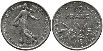 ФРАНЦИЯ 1/2 ФРАНКА 1968 СЕЯТЕЛЬ KM 931.1 никель 261-1144
