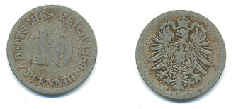 Германия 10 пфеннигов 1889 F, старогарбовка KM 4, Jager 4, Weege 7 медно-никель 4379-813