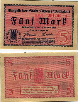 АЛЕН 5 МАРОК 1918 НОТГЕЛЬД, 10 ОКТЯБРЯ 1918, ЗЕМЛЯ СЕВЕРНЫЙ РЕЙН-ВЕСТФАЛИЯ Geiger 006.02c бумага 6318-30-1-1