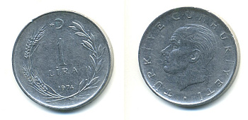 Турция 1 лира 1974 Мустафа Кемаль Ататюрк KM 889а.2 нержавеющая сталь80-1257