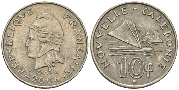 Французская Новая Каледония 10 франков 2006 рыбачья парусная лодка, (IEOM) KM 11a, Schoen 13a, Lec 99k медно-никель 54-2426