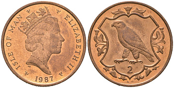 Остров Мэн 2 пенса 1987 Елизавета II (1952-2022) KM 144 бронза UNC 4619-115