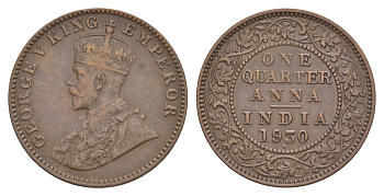 Британская Индия 1/4 анны 1930 Георг V (1910-1936), точка - Бомбей KM 512 бронза 4633-1026