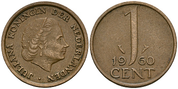 Нидерланды 1 цент 1960 Юлиана (1949-1980) KM 180 бронза 4608-1049