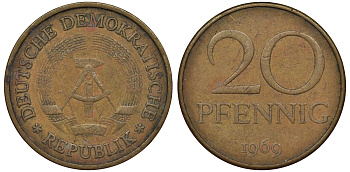 ГДР 20 пфеннигов 1969 А, первый год KM 11 латунь 62-957