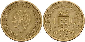 Нидерландские Антилы 1 гульден 1989 Беатрикс (1980-2013) KM 37 сталь плакированная бронзой 4167-836