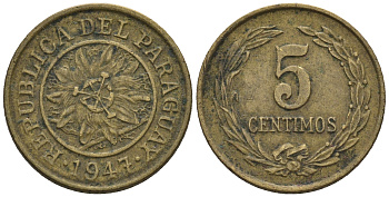 Парагвай 5 сентимо 1947  KM 21 алюминиевая бронза    220-1017