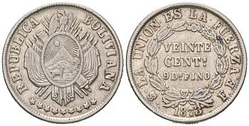 Боливия 20 сентаво 1873 KM 159.1 серебро 34-1224