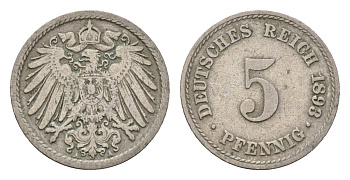 Германия 5 пфеннигов 1893 A, Вильгельм II (1888-1918) KM 11, J. 12 медно-никель 4632-766