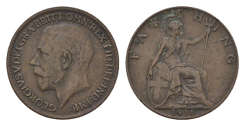 Великобритания 1 фартинг 1916 Георг V (1910-1936) KM 808.1, Spink 4059 медь 4627-633