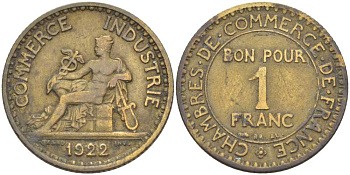 ФРАНЦИЯ 1 ФРАНК 1922 CHAMBRES DE COMMERCE KM 876, LE FRANC 218.4 алюминиевая бронза 175-331