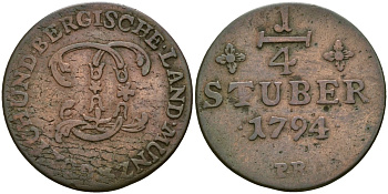 Юлих-Берг 1/4 штюбера 1794 KM 205 медь 4132-1246