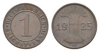 Германия 1 рейхспфенниг 1925 G KM 37, J. 313 бронза 4644-1035