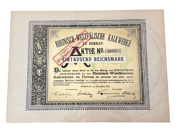 Германия акция в 1000 марок 1922 компании Rheinisch-Westfälische Kalkwerke AG / специализировалась на добыче известняка и производстве извести для сталелитейной промышленности бумага 5555-27