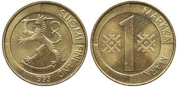 Финляндия 1 марка 1993 M KM 76 алюминиевая бронза 259-455