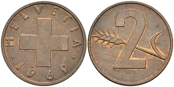 Швейцария 2 раппена 1969 KM 47 бронза 4541-337