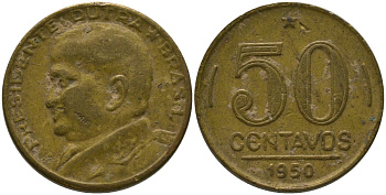 Бразилия 50 сентаво 1950 Эурику Дутра KM 563, Schon 68 алюминиевая бронза 4575-1222