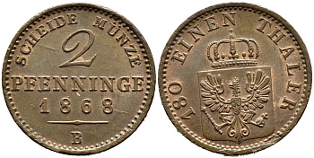 ПРУССИЯ 2 ПФЕННИГА 1868 В, ВИЛЬГЕЛЬМ I (1861-1888) KM 481 медь UNC 75-864