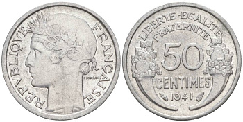 ФРАНЦИЯ 50 САНТИМОВ 1941 ТИП MORLON LOURDE KM 894.1a, LE FRANC 193.2 алюминий 44-313