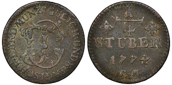 Юлих-Берг 1/4 штюбера 1774 PM, Карл Теодор (1777-1799) KM 205 медь 1523-812