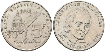Франция 5 франков 1994 300 лет со дня рождения Вольтера KM 1063, Le Franc 344.2 никель UNC 4599-314