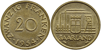 Саарланд 20 франков 1954 индустрия KM 2 алюминиевая бронза 87-322