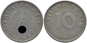 ГЕРМАНИЯ 10 РЕЙХСПФЕННИГОВ 1944 D KM 101, J. 371 цинк 4401-533