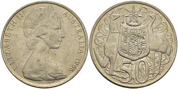 Австралия 50 центов 1966 Елизавета II (1952-2022), герб Австралии, кенгуру KM 67 серебро 82-821