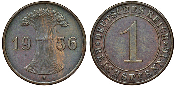 Германия 1 рейхспфенниг 1936 A KM 37, J. 313 бронза 4124-132