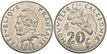 Французская Новая Каледония 20 франков 2005 три быка, (IEOM) KM 12, Schoen 14, Lec 115i никель 81-915