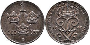 Швеция 1 эре 1947 Густав V (1907-1950) KM 810 железо 4387-544