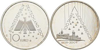 ФРГ 10 евро 2009 G, 100 лет молодежному хостел движению KM 283, DE.S. 10.43 серебро PROOF 1076-4-22