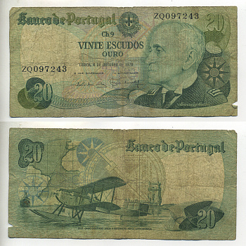 Португалия 20 эскудо 1978 Гагу Коутинью, биплан Fairey III III-MKII Pick 176 a бумага 7552-38-4