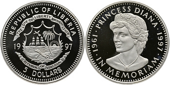 ЛИБЕРИЯ 5 ДОЛЛАРОВ 1997 МОНЕТА ПАМЯТИ, ЛЕДИ ДИАНА (1961-1997) KM 445 медно-никель PROOF 01-237-45