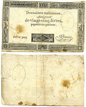 ФРАНЦИЯ 25 ЛИВРОВ 1793 6 ИЮНЯ 1793, СЕРИЯ 3223, ПОДПИСЬ ДЖЕЙМИ Pick A71 бумага 6312-2-2-1