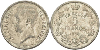 БЕЛЬГИЯ 5 ФРАНКОВ 1930 АЛЬБЕРТ I, DES BELGES KM 97.1 никель 3851-126