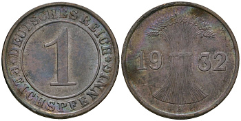 Германия 1 рейхспфенниг 1932 A KM 37, J. 313 бронза 4189-1152
