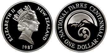 Новая Зеландия 1 доллар 1987 100 лет Национальному парку, Елизавета II (1952-2022), в оригинальной коробке KM 65а серебро PROOF 4-3-4-40