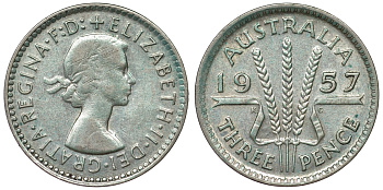 Австралия 3 пенса 1957 m, Елизавета II (1952-2022) KM 57 серебро 71-514