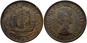 Великобритания 1/2 пенни 1965 Елизавета II (1952-2022) KM 896, Spink 4158 бронза 51-2451