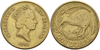 Новая Зеландия 1 доллар 1990 Елизавета II (1952-2022), птица киви KM 78 алюминиевая бронза 29-512