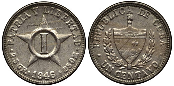 Куба 1 сентаво 1946 звезда, первая Республика (1902-1961) KM 9.2 медно-никель 4549-929